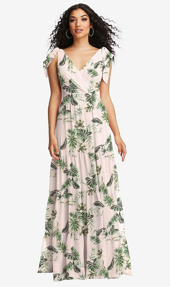 Front View - Palm Beach Print Bow-Shoulder Faux Wrap Maxi Dress with Tiered Skirt