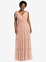 Alt View 1 Thumbnail - Pale Peach Bow-Shoulder Faux Wrap Maxi Dress with Tiered Skirt