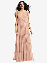 Front View Thumbnail - Pale Peach Bow-Shoulder Faux Wrap Maxi Dress with Tiered Skirt