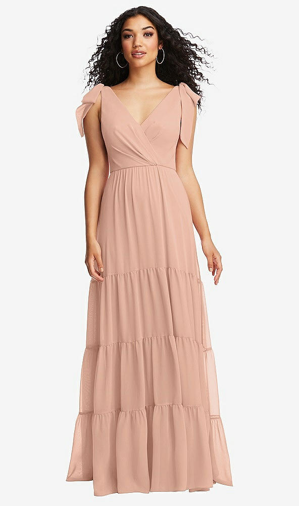 Front View - Pale Peach Bow-Shoulder Faux Wrap Maxi Dress with Tiered Skirt