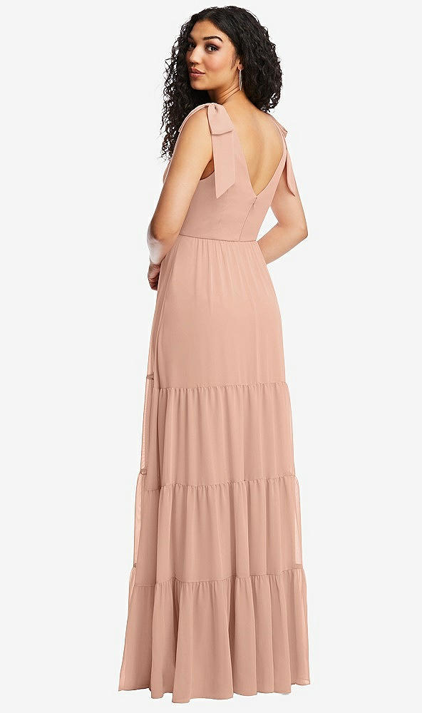 Back View - Pale Peach Bow-Shoulder Faux Wrap Maxi Dress with Tiered Skirt