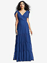 Front View Thumbnail - Classic Blue Bow-Shoulder Faux Wrap Maxi Dress with Tiered Skirt