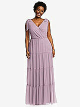 Alt View 1 Thumbnail - Suede Rose Bow-Shoulder Faux Wrap Maxi Dress with Tiered Skirt
