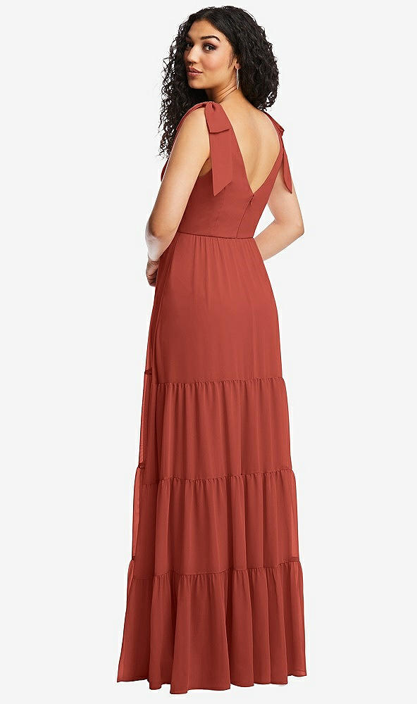 Back View - Amber Sunset Bow-Shoulder Faux Wrap Maxi Dress with Tiered Skirt