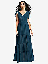 Front View Thumbnail - Atlantic Blue Bow-Shoulder Faux Wrap Maxi Dress with Tiered Skirt