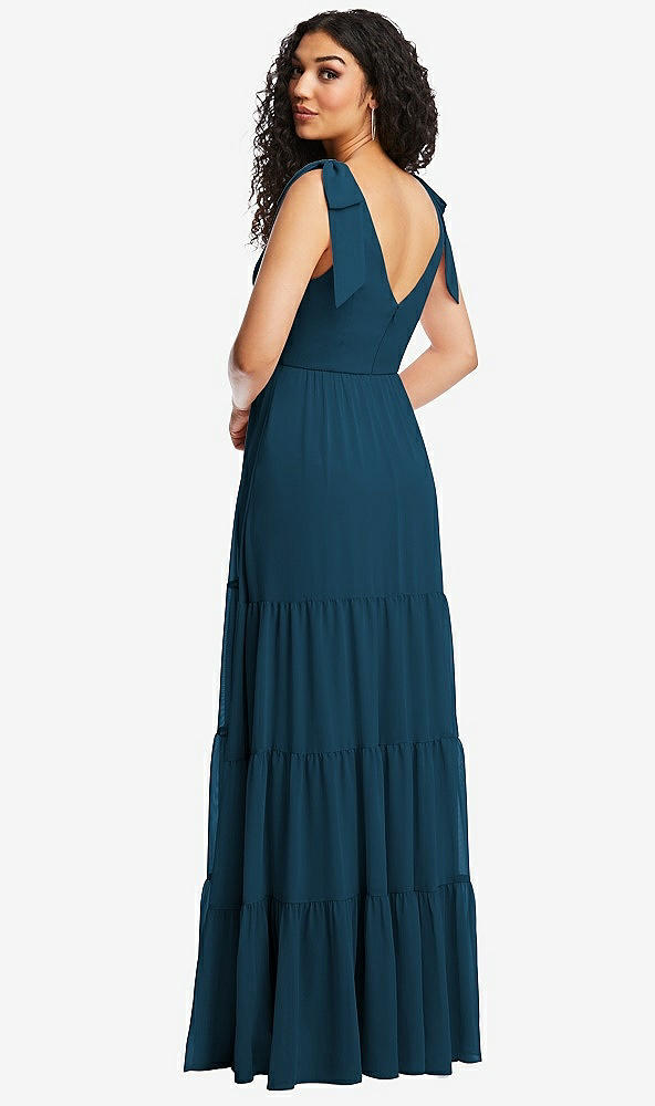 Back View - Atlantic Blue Bow-Shoulder Faux Wrap Maxi Dress with Tiered Skirt