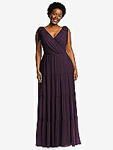 Alt View 1 Thumbnail - Aubergine Bow-Shoulder Faux Wrap Maxi Dress with Tiered Skirt