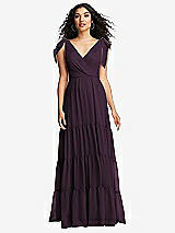 Front View Thumbnail - Aubergine Bow-Shoulder Faux Wrap Maxi Dress with Tiered Skirt