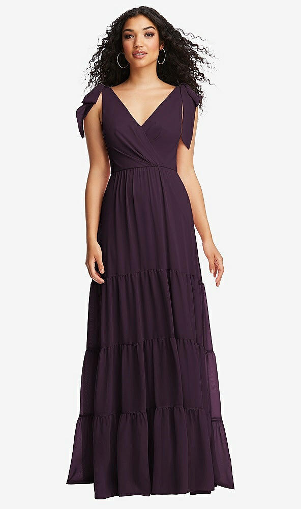 Front View - Aubergine Bow-Shoulder Faux Wrap Maxi Dress with Tiered Skirt