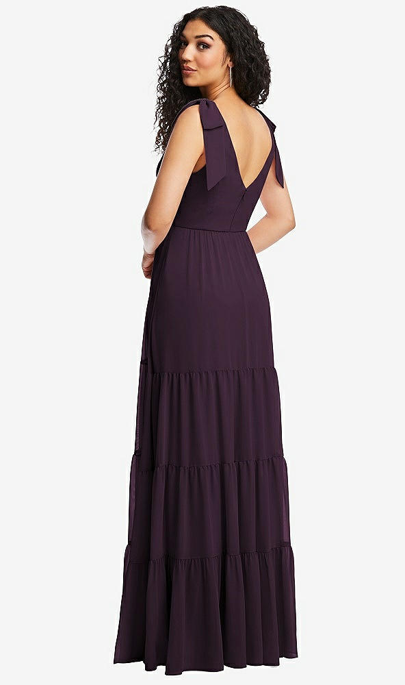 Back View - Aubergine Bow-Shoulder Faux Wrap Maxi Dress with Tiered Skirt