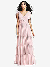 Front View Thumbnail - Ballet Pink Bow-Shoulder Faux Wrap Maxi Dress with Tiered Skirt