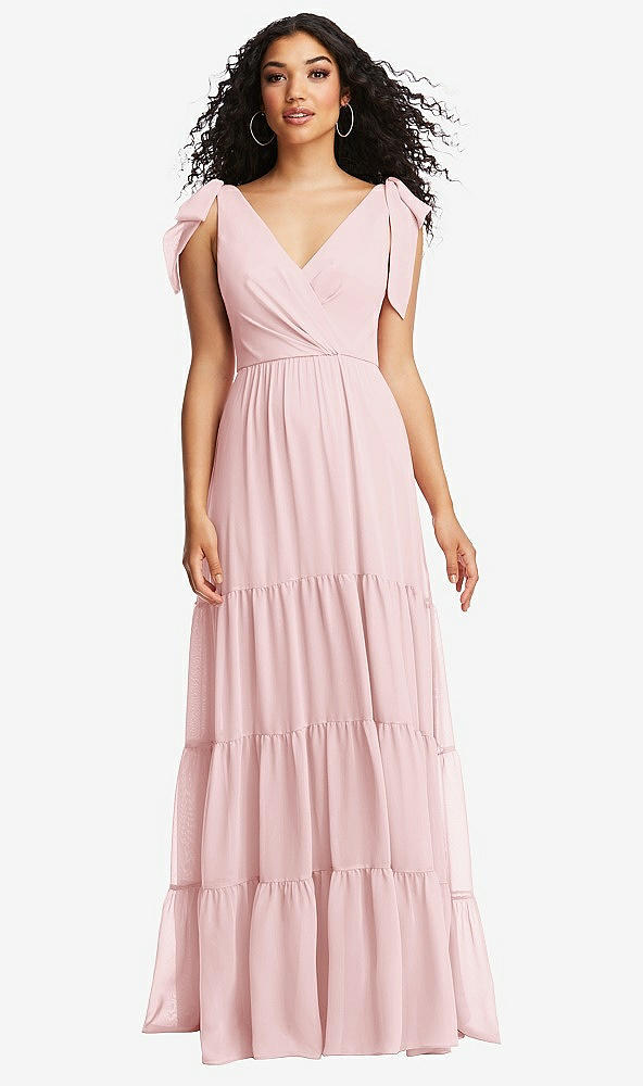 Front View - Ballet Pink Bow-Shoulder Faux Wrap Maxi Dress with Tiered Skirt