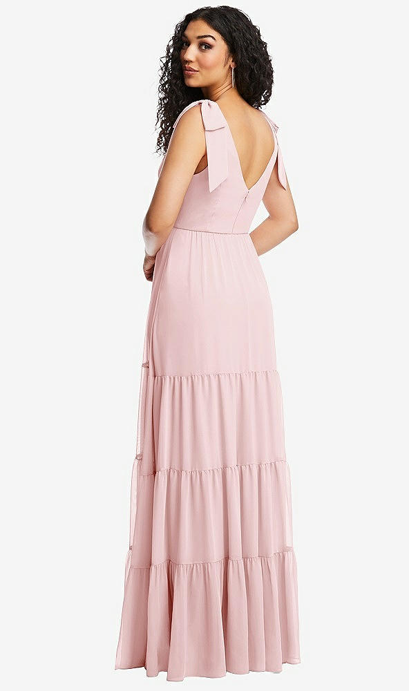 Back View - Ballet Pink Bow-Shoulder Faux Wrap Maxi Dress with Tiered Skirt