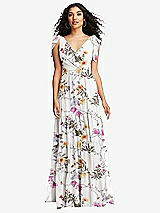Front View Thumbnail - Butterfly Botanica Ivory Bow-Shoulder Faux Wrap Maxi Dress with Tiered Skirt