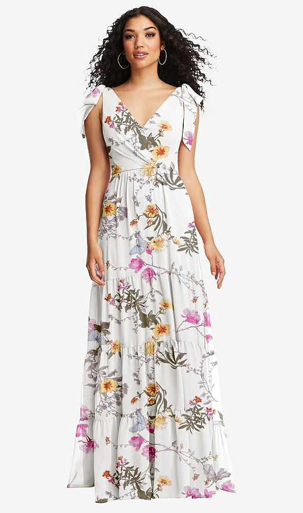 Front View - Butterfly Botanica Ivory Bow-Shoulder Faux Wrap Maxi Dress with Tiered Skirt