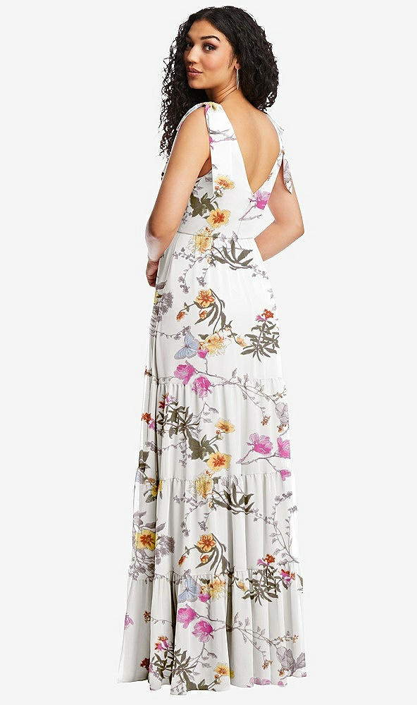 Back View - Butterfly Botanica Ivory Bow-Shoulder Faux Wrap Maxi Dress with Tiered Skirt