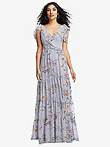 Front View Thumbnail - Butterfly Botanica Silver Dove Bow-Shoulder Faux Wrap Maxi Dress with Tiered Skirt