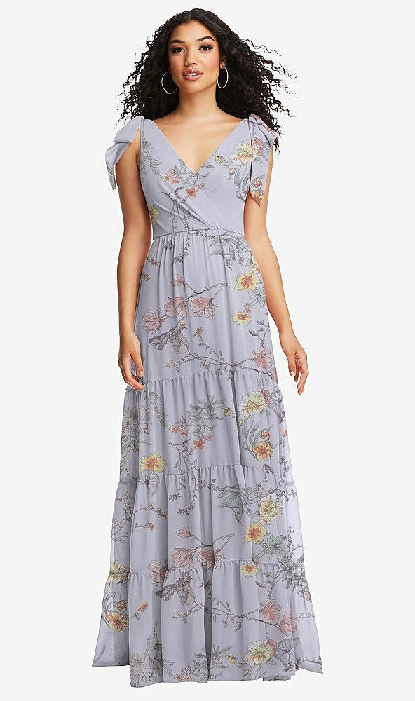 Front View - Butterfly Botanica Silver Dove Bow-Shoulder Faux Wrap Maxi Dress with Tiered Skirt