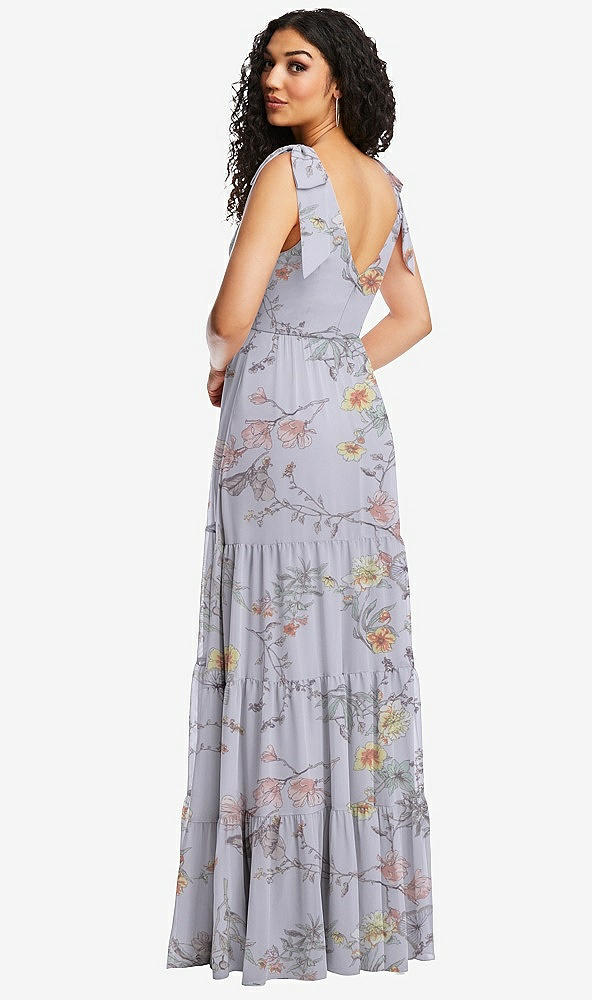 Back View - Butterfly Botanica Silver Dove Bow-Shoulder Faux Wrap Maxi Dress with Tiered Skirt