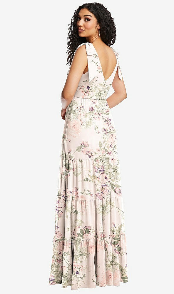 Back View - Blush Garden Bow-Shoulder Faux Wrap Maxi Dress with Tiered Skirt