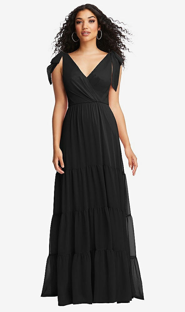 Front View - Black Bow-Shoulder Faux Wrap Maxi Dress with Tiered Skirt