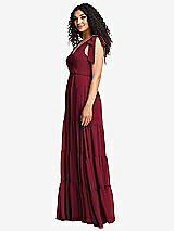 Side View Thumbnail - Burgundy Bow-Shoulder Faux Wrap Maxi Dress with Tiered Skirt