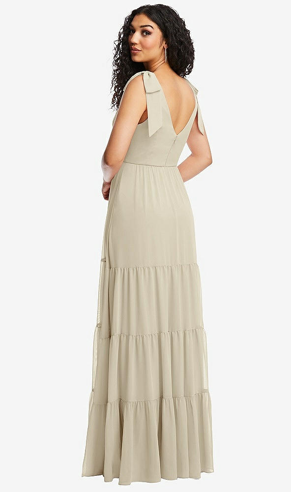 Back View - Champagne Bow-Shoulder Faux Wrap Maxi Dress with Tiered Skirt
