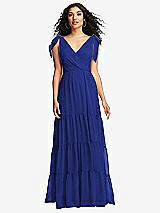 Front View Thumbnail - Cobalt Blue Bow-Shoulder Faux Wrap Maxi Dress with Tiered Skirt