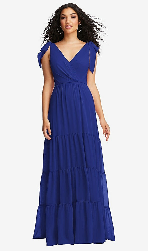 Front View - Cobalt Blue Bow-Shoulder Faux Wrap Maxi Dress with Tiered Skirt