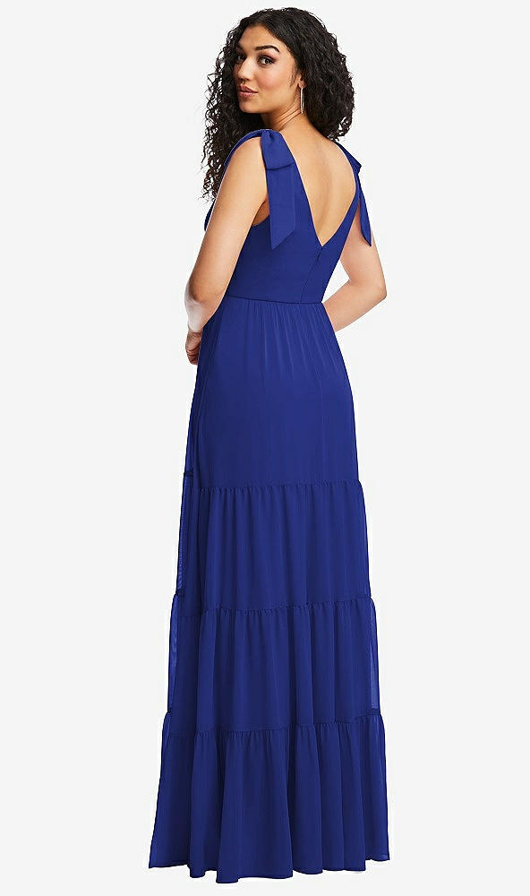 Back View - Cobalt Blue Bow-Shoulder Faux Wrap Maxi Dress with Tiered Skirt