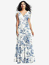Front View Thumbnail - Cottage Rose Dusk Blue Bow-Shoulder Faux Wrap Maxi Dress with Tiered Skirt