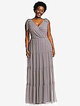 Alt View 1 Thumbnail - Cashmere Gray Bow-Shoulder Faux Wrap Maxi Dress with Tiered Skirt