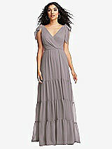 Front View Thumbnail - Cashmere Gray Bow-Shoulder Faux Wrap Maxi Dress with Tiered Skirt