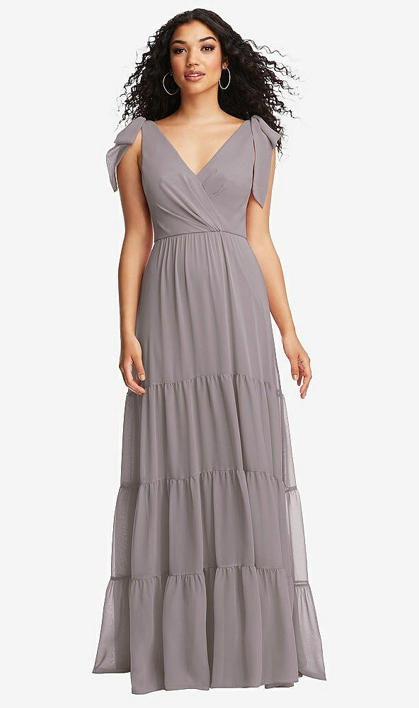 Front View - Cashmere Gray Bow-Shoulder Faux Wrap Maxi Dress with Tiered Skirt