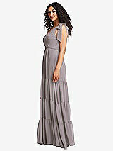 Side View Thumbnail - Cashmere Gray Bow-Shoulder Faux Wrap Maxi Dress with Tiered Skirt