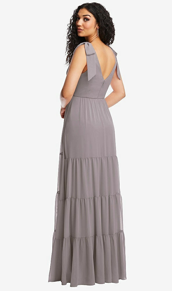 Back View - Cashmere Gray Bow-Shoulder Faux Wrap Maxi Dress with Tiered Skirt