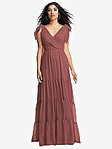 Front View Thumbnail - English Rose Bow-Shoulder Faux Wrap Maxi Dress with Tiered Skirt