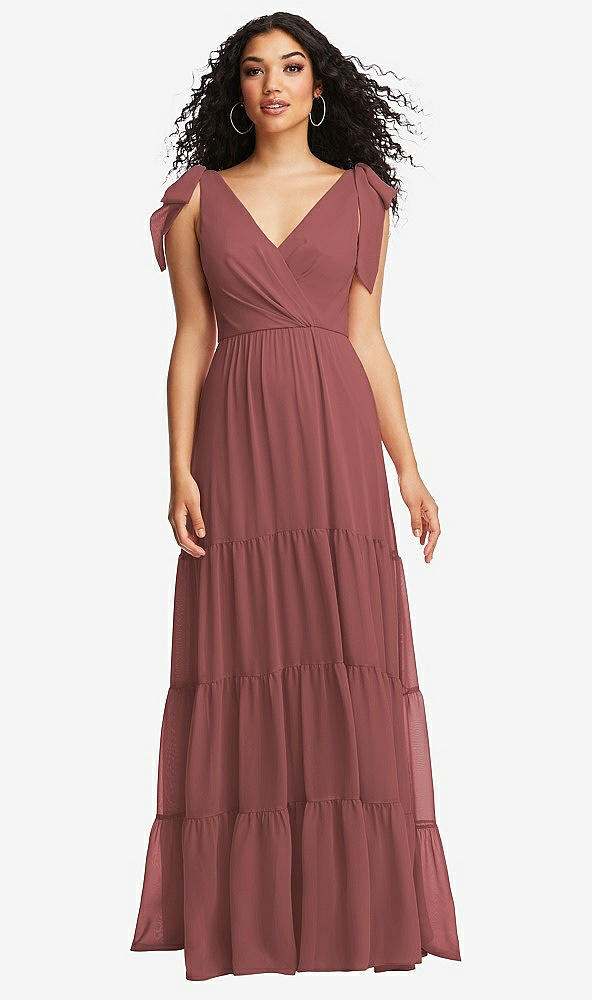 Front View - English Rose Bow-Shoulder Faux Wrap Maxi Dress with Tiered Skirt