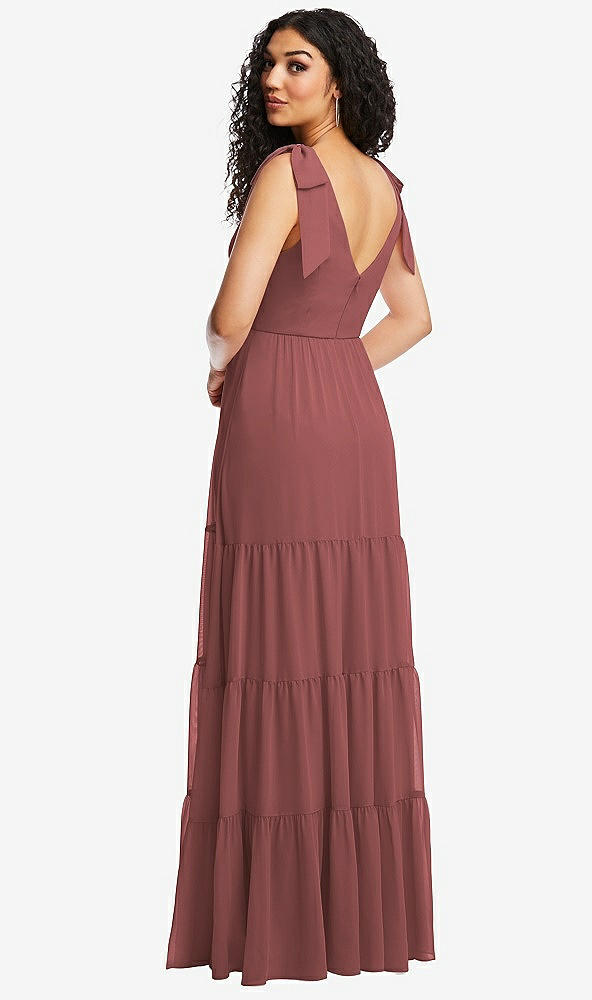 Back View - English Rose Bow-Shoulder Faux Wrap Maxi Dress with Tiered Skirt