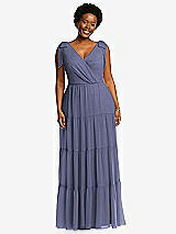 Alt View 1 Thumbnail - French Blue Bow-Shoulder Faux Wrap Maxi Dress with Tiered Skirt