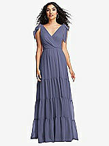 Front View Thumbnail - French Blue Bow-Shoulder Faux Wrap Maxi Dress with Tiered Skirt