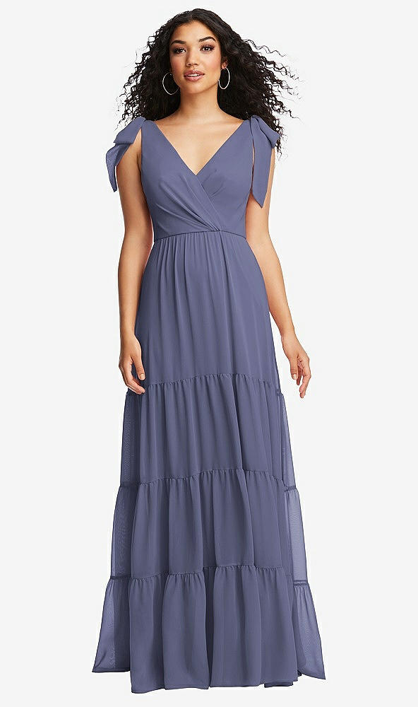 Front View - French Blue Bow-Shoulder Faux Wrap Maxi Dress with Tiered Skirt