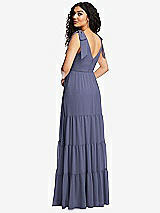 Rear View Thumbnail - French Blue Bow-Shoulder Faux Wrap Maxi Dress with Tiered Skirt