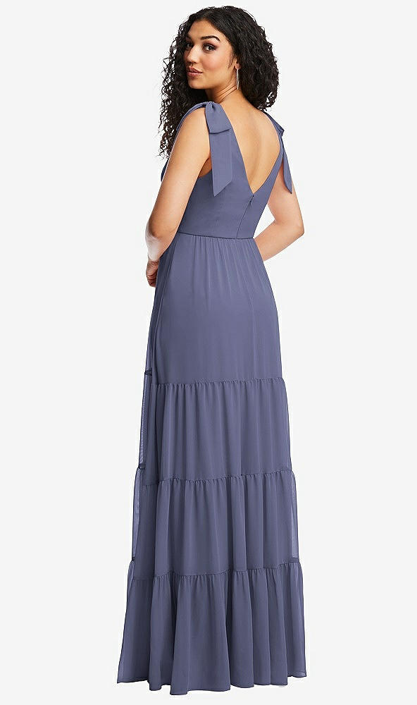 Back View - French Blue Bow-Shoulder Faux Wrap Maxi Dress with Tiered Skirt