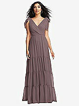 Front View Thumbnail - French Truffle Bow-Shoulder Faux Wrap Maxi Dress with Tiered Skirt