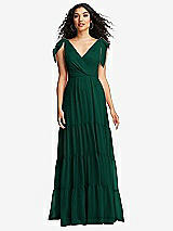 Front View Thumbnail - Hunter Green Bow-Shoulder Faux Wrap Maxi Dress with Tiered Skirt