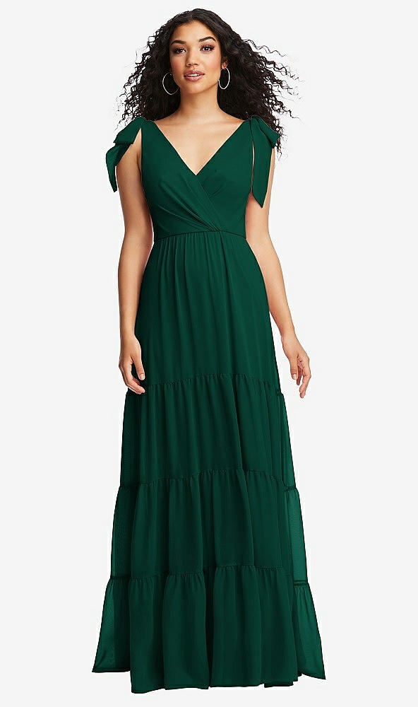 Front View - Hunter Green Bow-Shoulder Faux Wrap Maxi Dress with Tiered Skirt