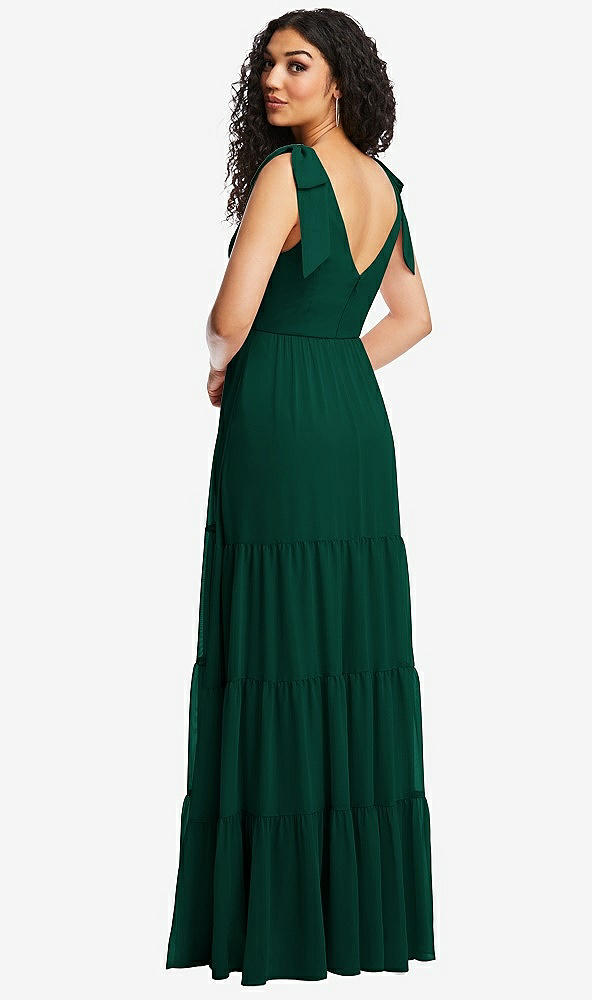 Back View - Hunter Green Bow-Shoulder Faux Wrap Maxi Dress with Tiered Skirt