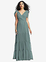 Front View Thumbnail - Icelandic Bow-Shoulder Faux Wrap Maxi Dress with Tiered Skirt