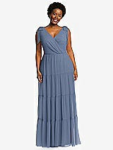 Alt View 1 Thumbnail - Larkspur Blue Bow-Shoulder Faux Wrap Maxi Dress with Tiered Skirt